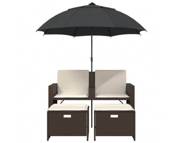 Sonata H 2-местен градински диван с чадър и табуретки кафяв полиратан