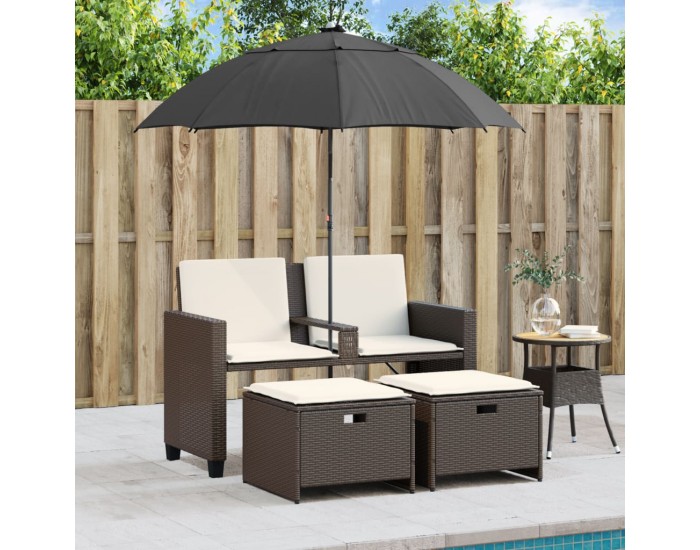 Sonata H 2-местен градински диван с чадър и табуретки кафяв полиратан