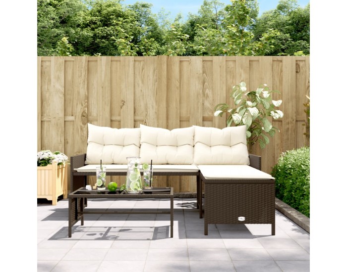 Sonata H Градински диван с маса и възглавници, ъглов, кафяв полиратан