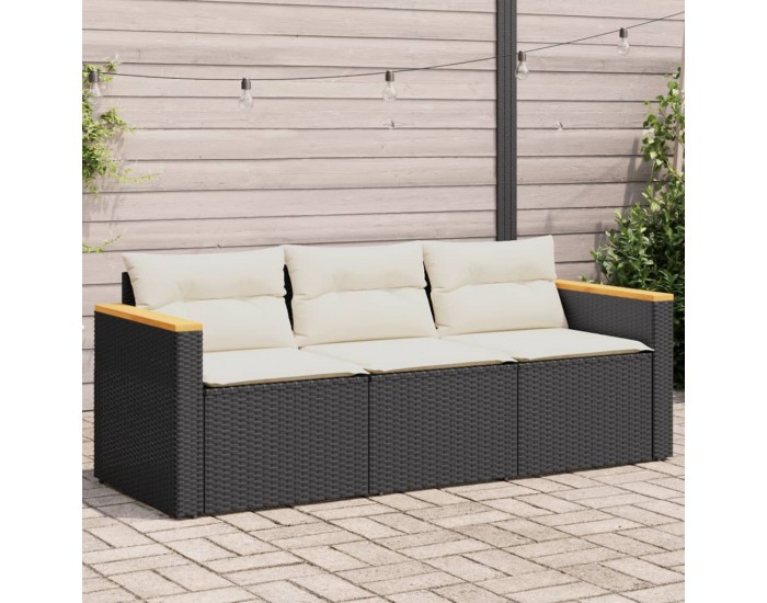 Sonata H Градински диван с възглавници, 3-местен, черен, полиратан