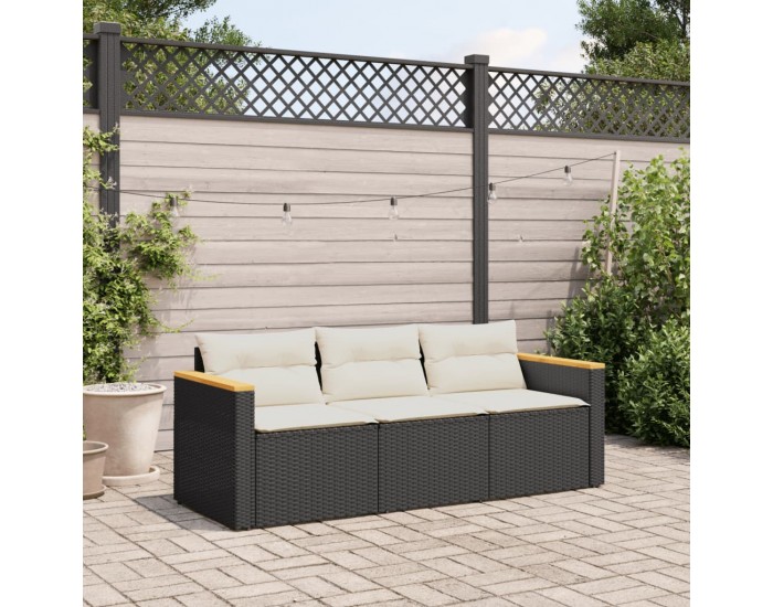 Sonata H Градински диван с възглавници, 3-местен, черен, полиратан