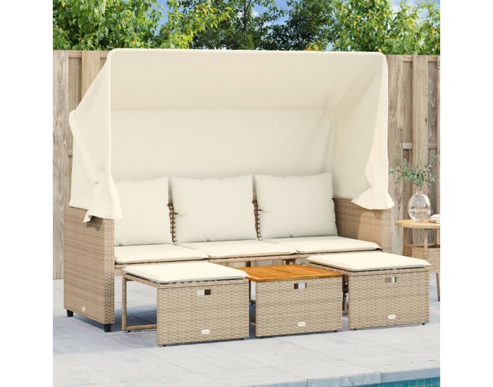 Sonata H 3-местен градински диван със сенник и табуретки бежов полиратан