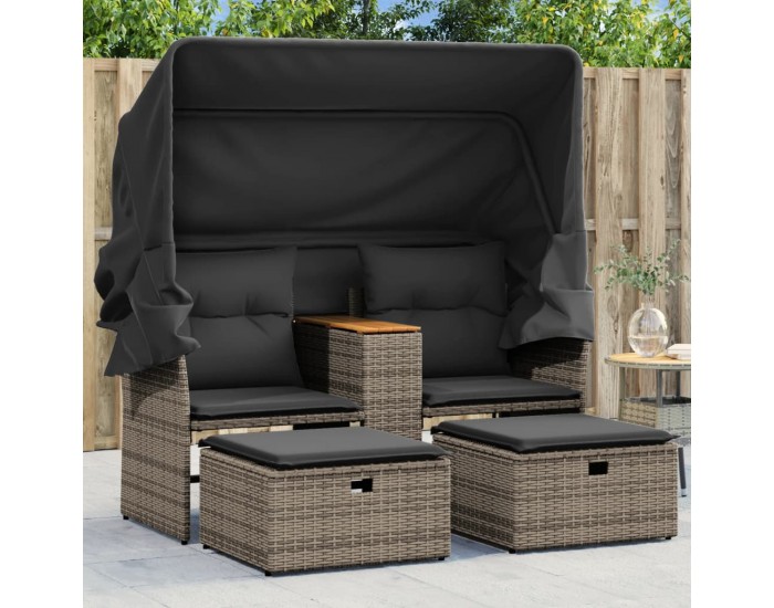 Sonata H 2-местен градински диван със сенник и табуретки сив полиратан