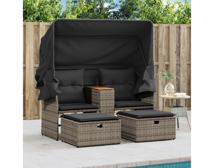 Sonata H 2-местен градински диван със сенник и табуретки сив полиратан