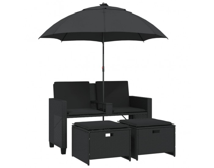 Sonata H 2-местен градински диван с чадър и табуретки черен полиратан