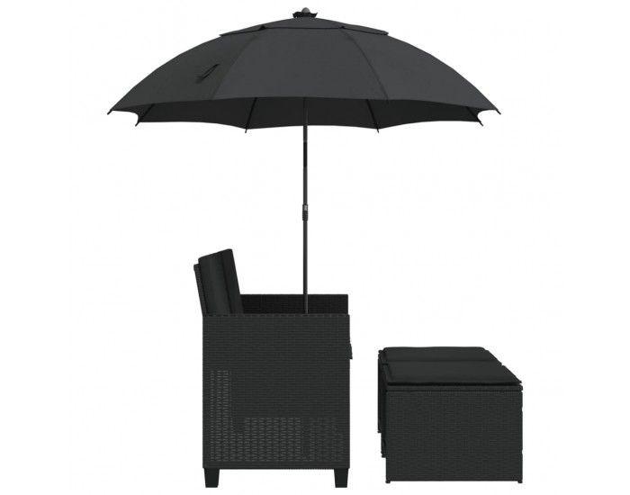 Sonata H 2-местен градински диван с чадър и табуретки черен полиратан