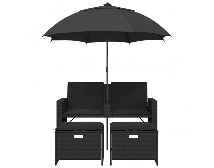 Sonata H 2-местен градински диван с чадър и табуретки черен полиратан