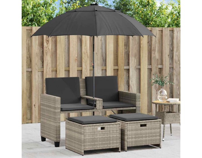 Sonata H 2-местен градински диван с чадър табуретки cветлосив полиратан