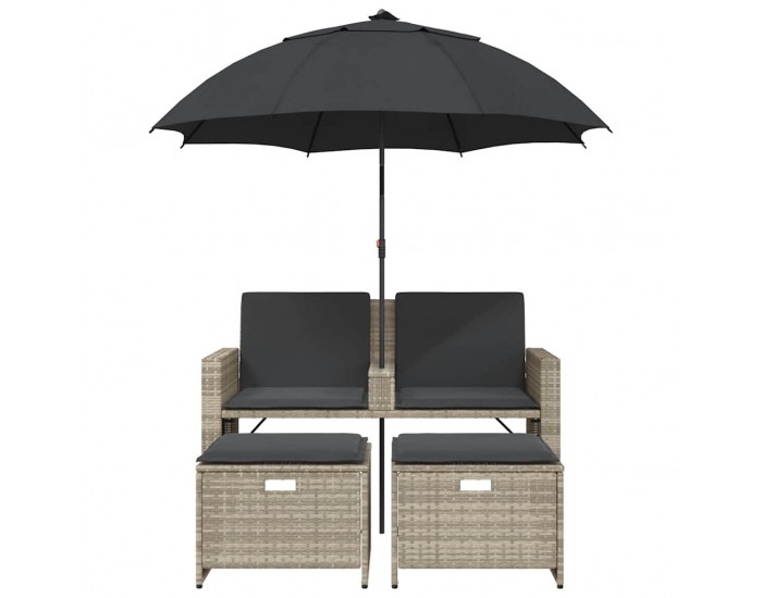 Sonata H 2-местен градински диван с чадър табуретки cветлосив полиратан