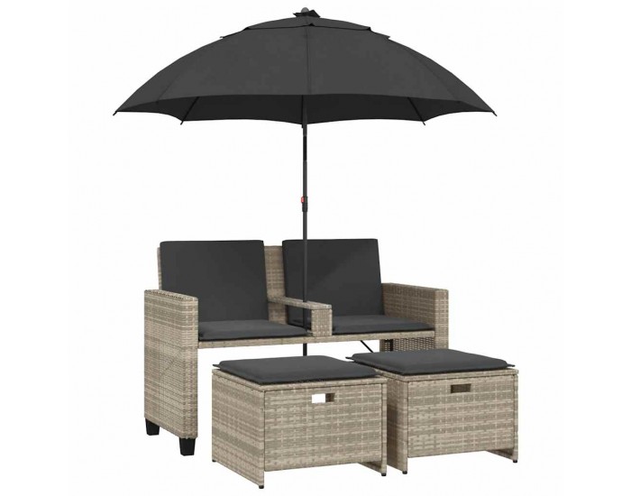 Sonata H 2-местен градински диван с чадър табуретки cветлосив полиратан