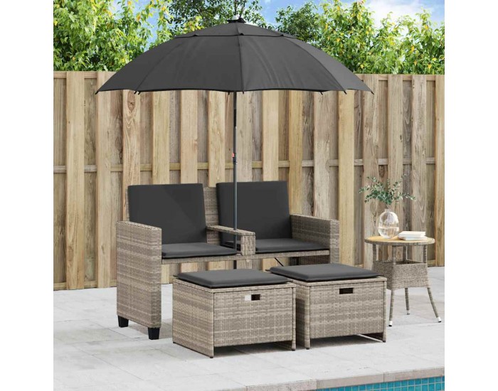 Sonata H 2-местен градински диван с чадър табуретки cветлосив полиратан