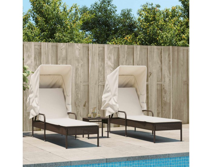 Sonata H Шезлонги 2 бр със сенника и масичка, кафяви, полиратан