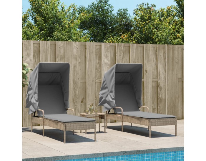 Sonata H Шезлонги 2 бр със сенника и маса, бежов, полиратан