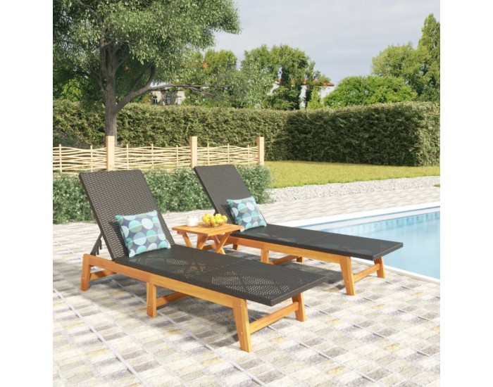 Sonata H Шезлонги, 2 бр, черно и кафяво, полиратан и акация масив