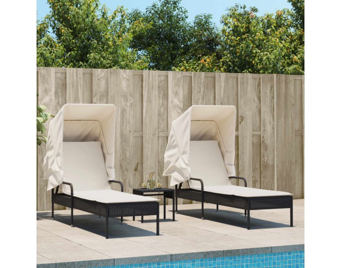 Sonata H Шезлонги 2 бр със сенника и маса, черно, полиратан