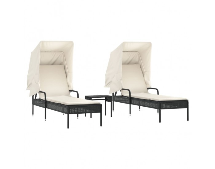 Sonata H Шезлонги 2 бр със сенника и маса, черно, полиратан