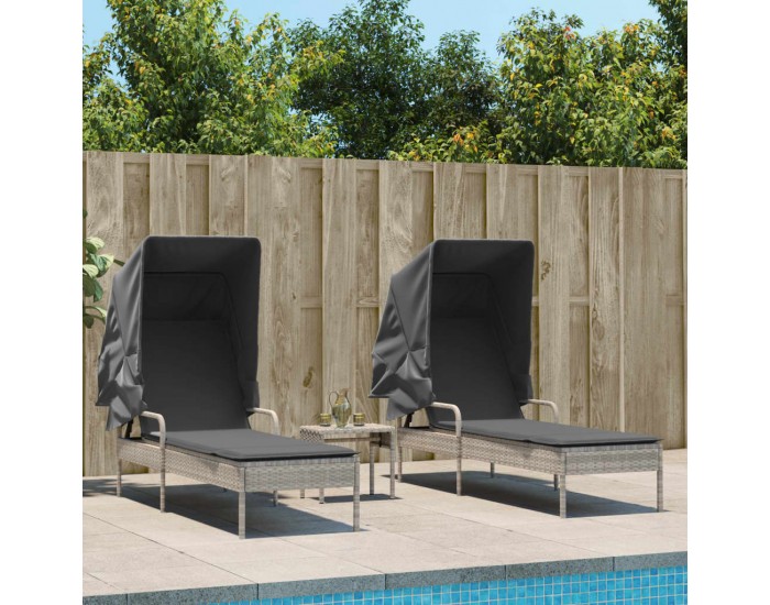 Sonata H Шезлонги 2 бр със сенници и маса, светлосив, полиратан