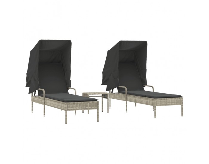 Sonata H Шезлонги 2 бр със сенници и маса, светлосив, полиратан