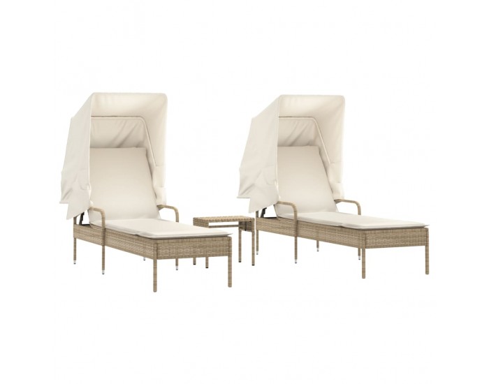 Sonata H Шезлонги 2 бр със сенника и маса, бежов, полиратан