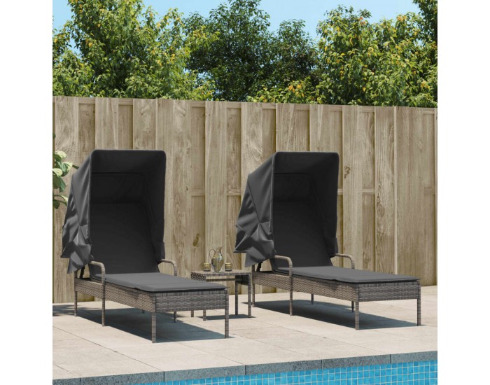 Sonata H Шезлонги 2 бр със сенника и маса, сиви, полиратан