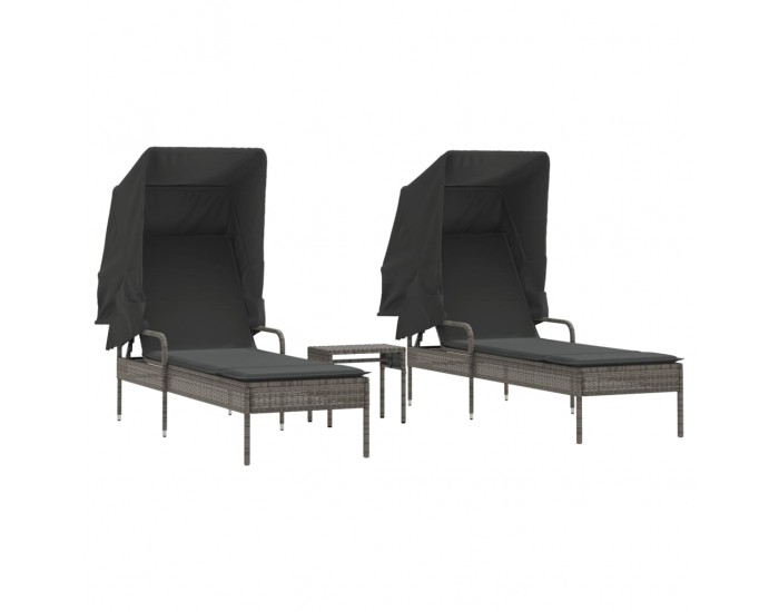 Sonata H Шезлонги 2 бр със сенника и маса, сиви, полиратан