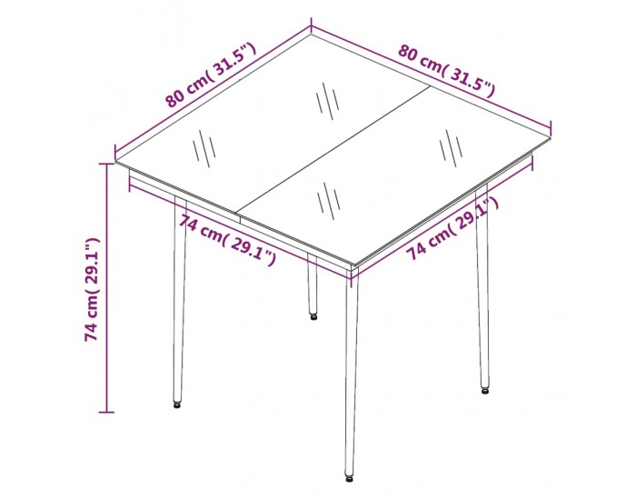 Sonata H Градинска трапезна маса, черна, 80x80x74 см, стомана и стъкло