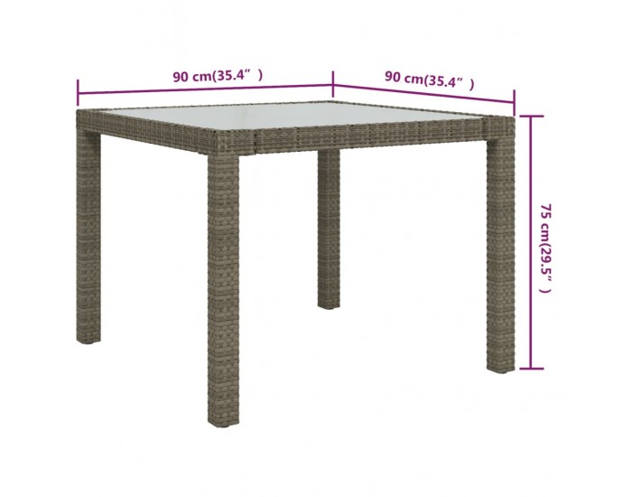 Sonata H Градинска маса, 90x90x75 см, закалено стъкло и полиратан, сива