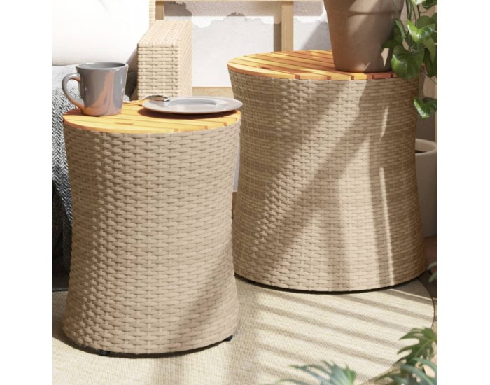 Sonata H Градински помощни маси 2 бр с дървен плот бежов полиратан