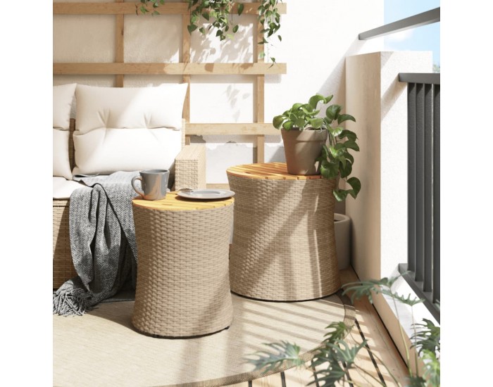 Sonata H Градински помощни маси 2 бр с дървен плот бежов полиратан