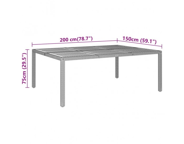Sonata H Градинска маса, 200x150x75 см, акациево дърво и полиратан, сива