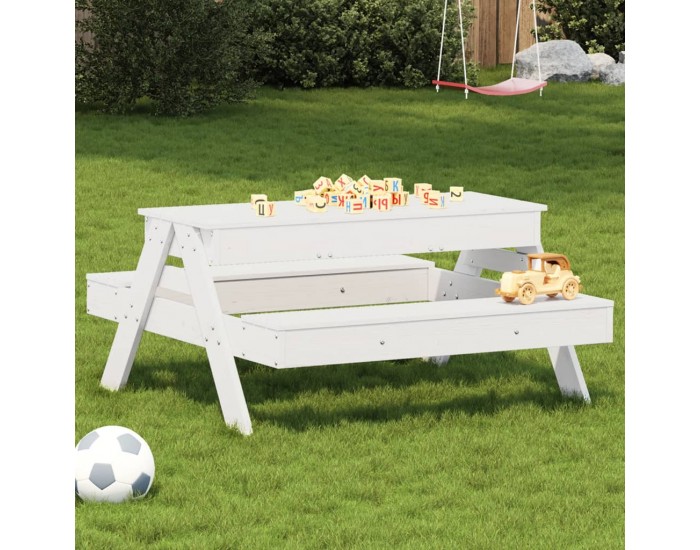Sonata H Маса за пикник с пясъчник за деца, бял, борово дърво масив
