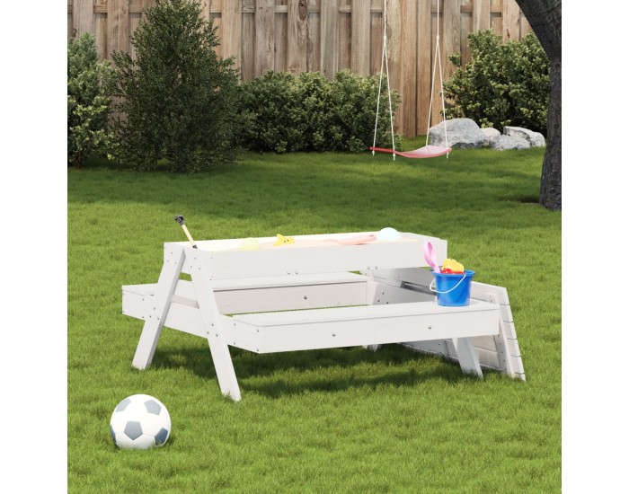 Sonata H Маса за пикник с пясъчник за деца, бял, борово дърво масив
