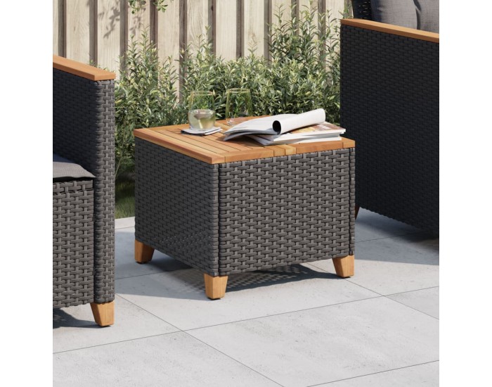 Sonata H Градинска маса, черна, 45x45x37 см, полиратан и акациево дърво