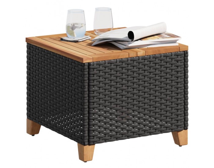 Sonata H Градинска маса, черна, 45x45x37 см, полиратан и акациево дърво