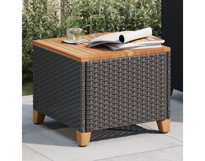 Sonata H Градинска маса, черна, 45x45x37 см, полиратан и акациево дърво