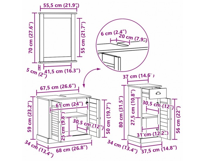 Sonata H Комплект мебели за баня с чекмедже с рафт 3 pcs Кафяво 37 x 34 x 80 см