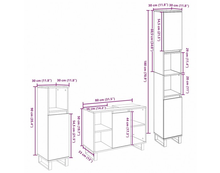 Sonata H Комплект мебели за баня от 3 части Артистичен дъб Инженерна дървесина