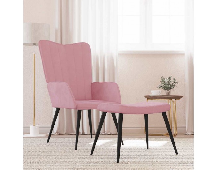 Sonata H Релаксиращ стол с табуретка, розов, кадифе