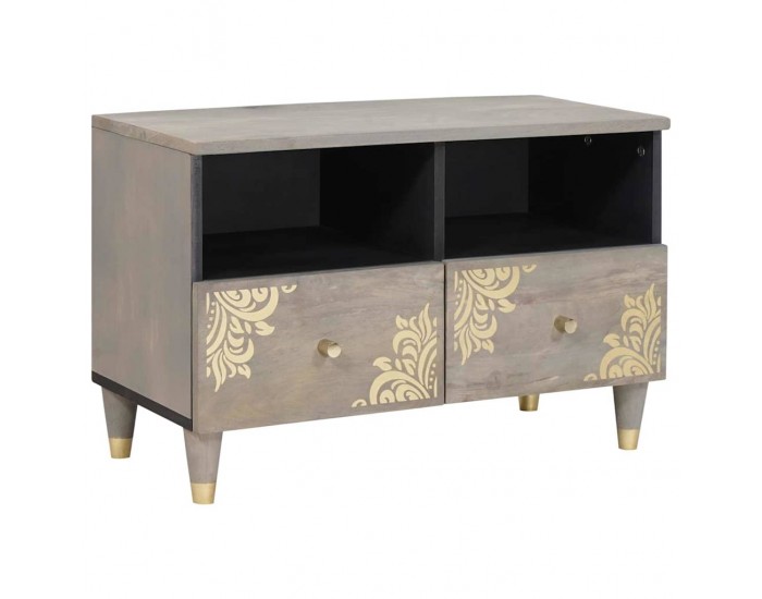 Sonata H ТВ шкаф с рафт Сив и златен Масивна дървесина от манго