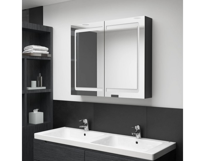 Sonata H LED шкаф с огледало за баня, сияйно черно, 80x12x68 см