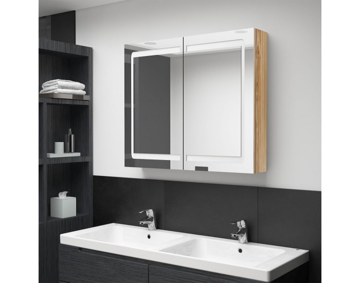 Sonata H LED шкаф с огледало за баня, цвят дъб, 80x12x68 см