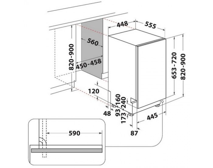 Съдомиялна машина за вграждане Indesit DSIO 3M24 C S , 10 комплекта, E , 450 Ш, мм