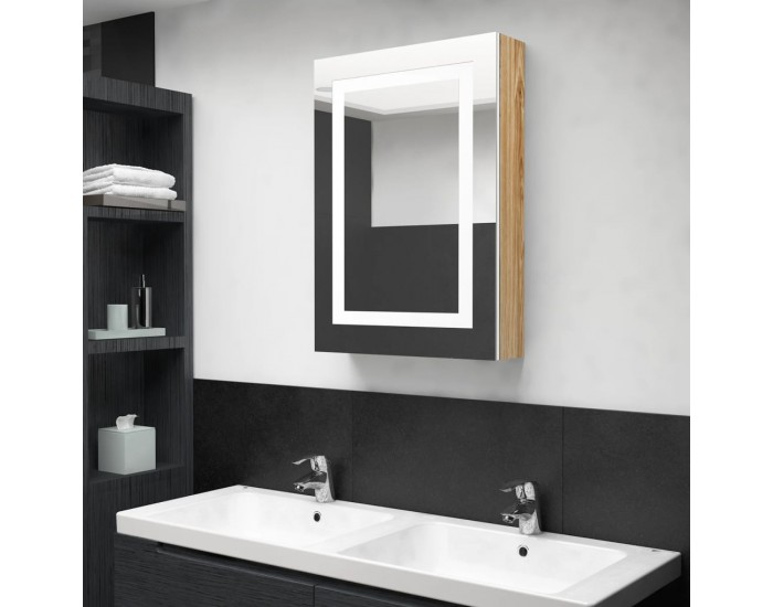 Sonata H LED шкаф с огледало за баня, бяло и цвят дъб, 50x13x70 см