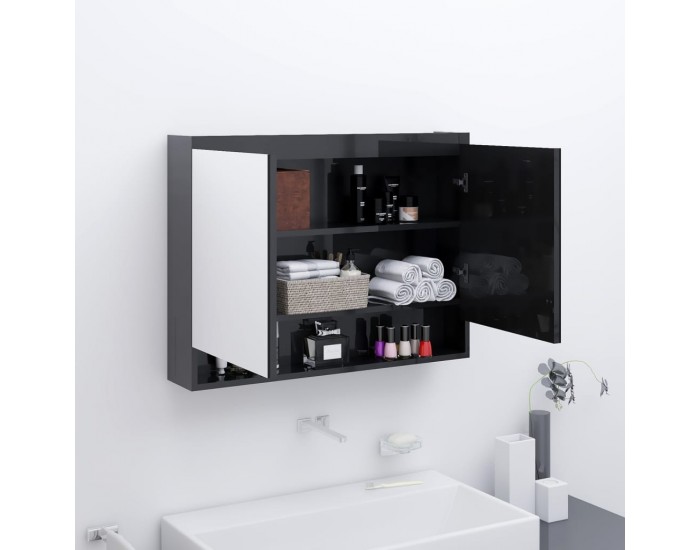 Sonata H Шкаф с огледало за баня, 80x15x60 см, МДФ, сияйно черно