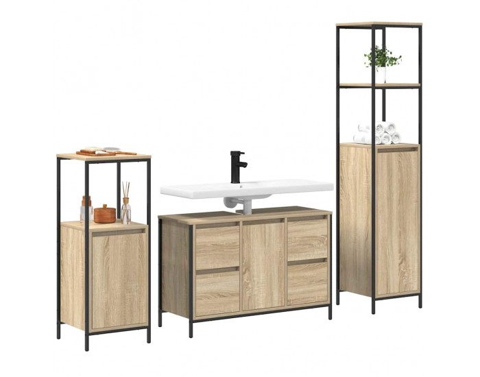 Sonata H Комплект мебели за баня с чекмедже 3 pcs Сонома дъб и черно