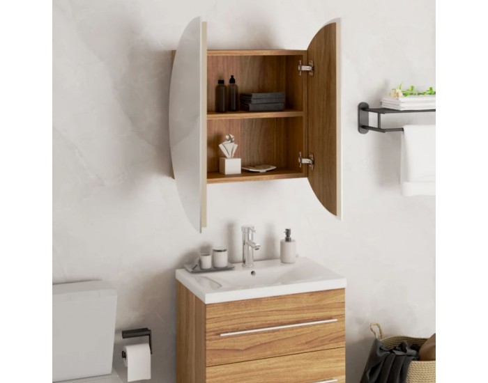 Sonata H Шкаф за баня с кръгло огледало и LED, дъб, 47x47x17,5 см