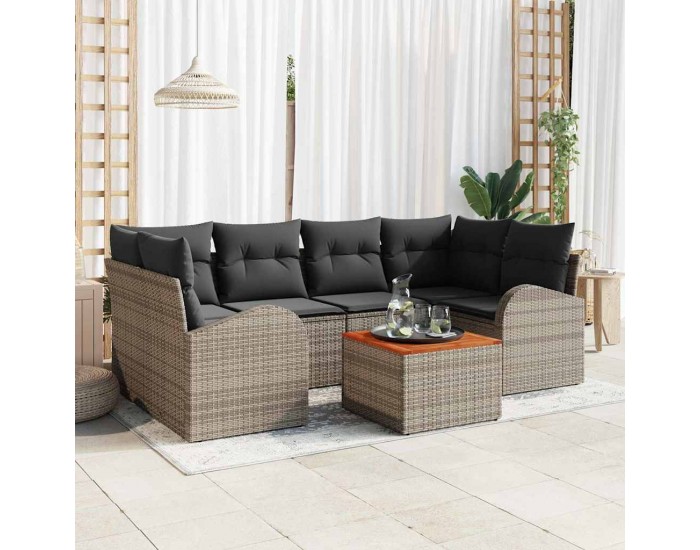 Sonata H Комплект от 7 части градински диван с възглавници сив полиратан акация