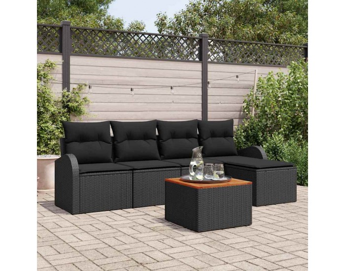 Sonata H сет от 6 части градински диван с възглавници Черен Полиратан Акация