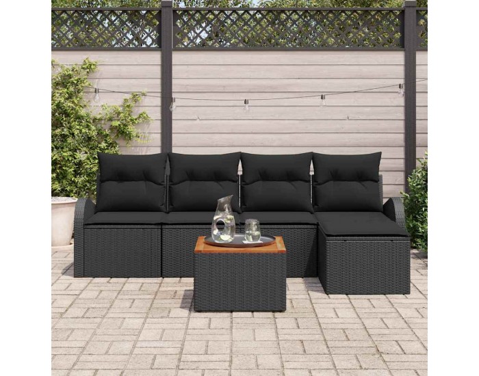 Sonata H сет от 6 части градински диван с възглавници Черен Полиратан Акация