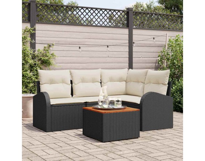 Sonata H 5 Частен комплект градински диван с възглавници Черен Полиратан Акация